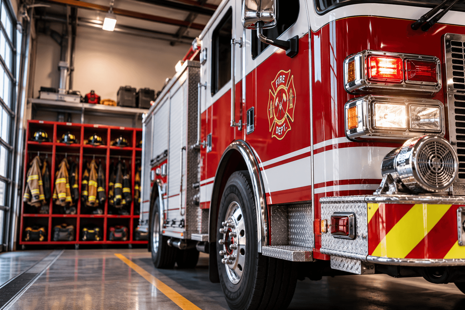A fire engine parked inside an apparatus bay, with turnout gear organized in labeled lockers along the wall
