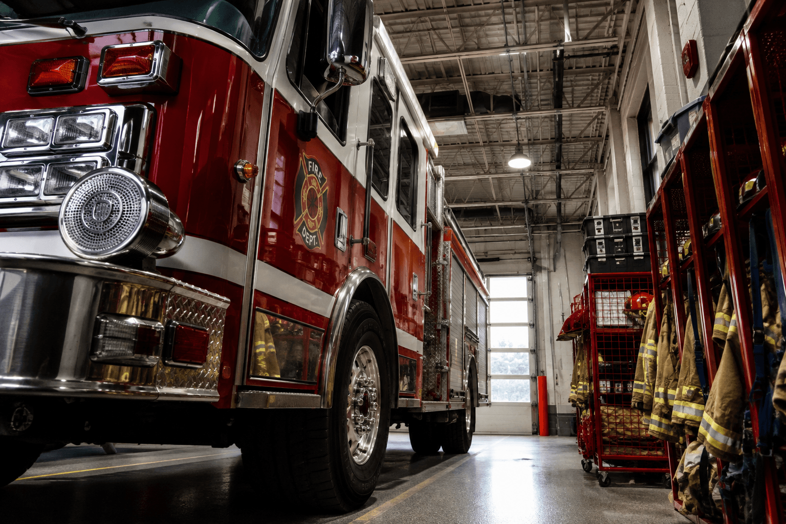 A fire engine parked in a station bay hallway, with turnout gear hanging in lockers alongside it