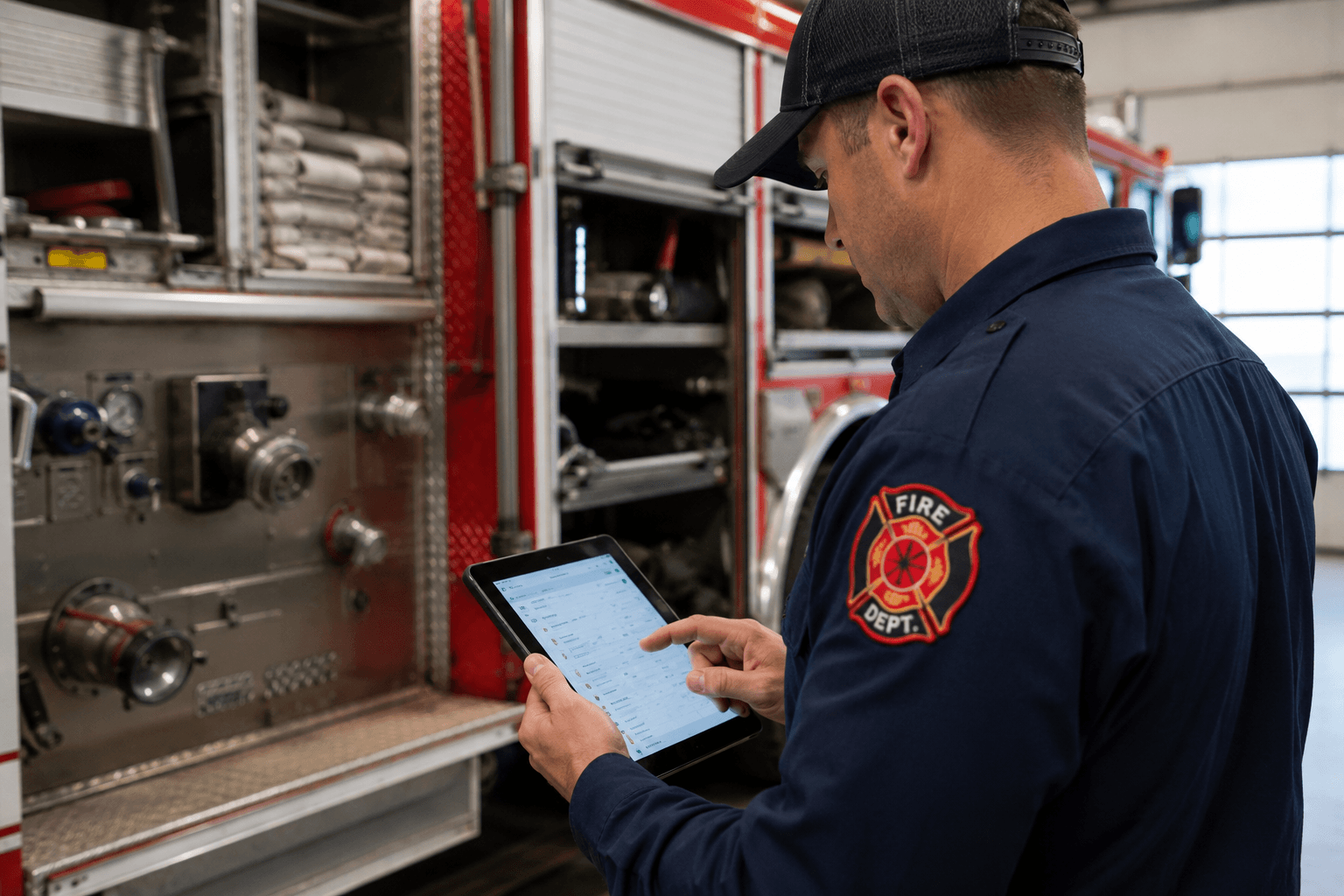 A firefighter checking apparatus compartment contents against a tablet while standing at the truck